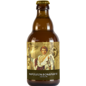 Afbeelding van een fles Napoleon Bonaparte bier, met een etiket dat de keizer Napoleon Bonaparte afbeeldt, geproduceerd door Brouwerij Vogelvrij.