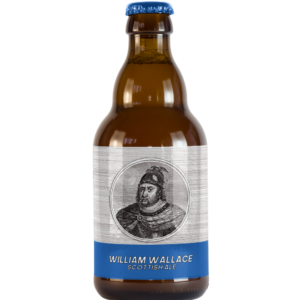 Afbeelding van een fles Scottish Export bier genaamd William Wallace, met een robuust etiket geïnspireerd op de Schotse held, geproduceerd door Brouwerij Vogelvrij