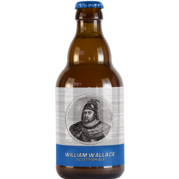 Afbeelding van een fles Scottish Export bier genaamd William Wallace, met een robuust etiket geïnspireerd op de Schotse held, geproduceerd door Brouwerij Vogelvrij